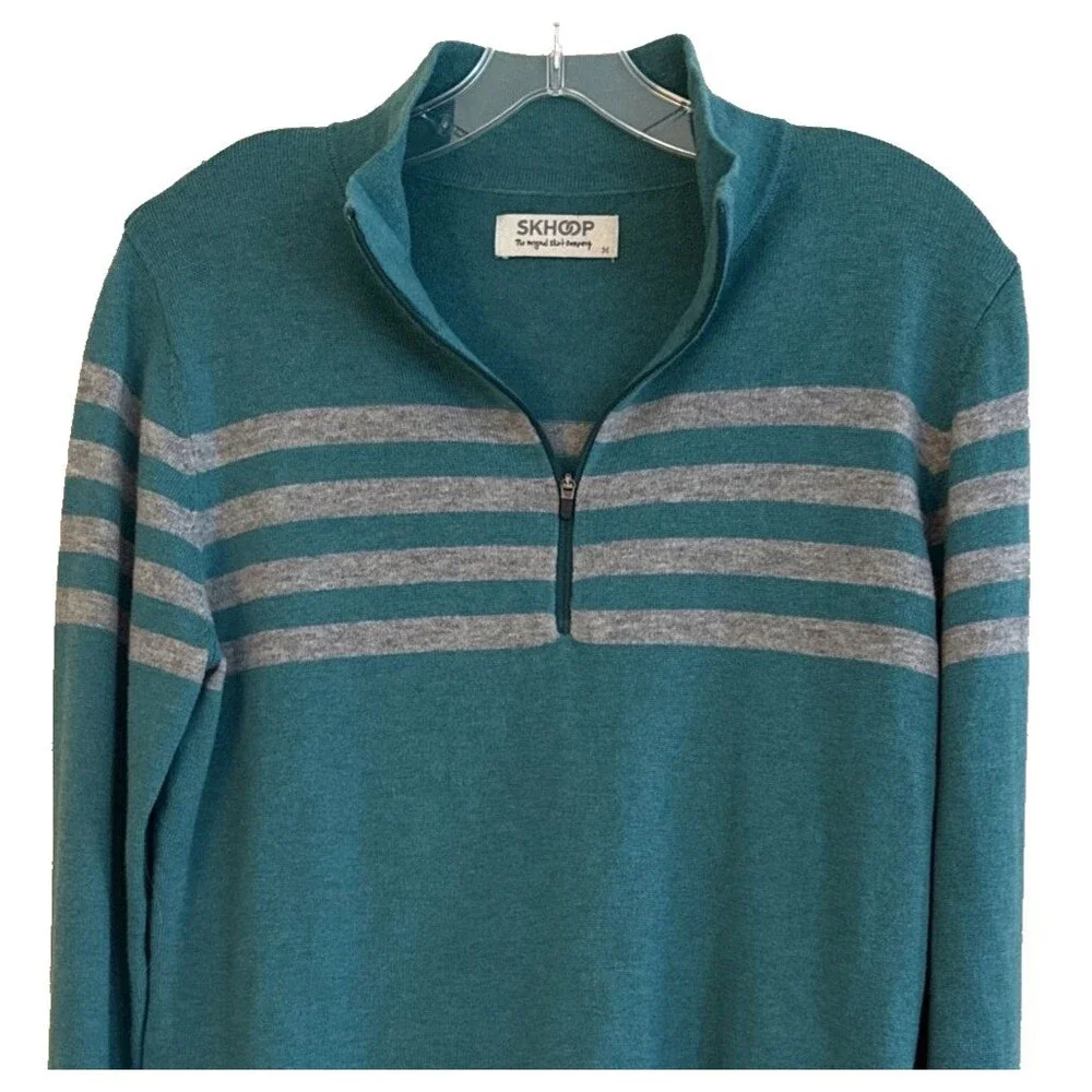 SKHOOP Merino Wool Blend 1/4 Zip Sweater Womens Sz M Teal Gray Mariner Striped